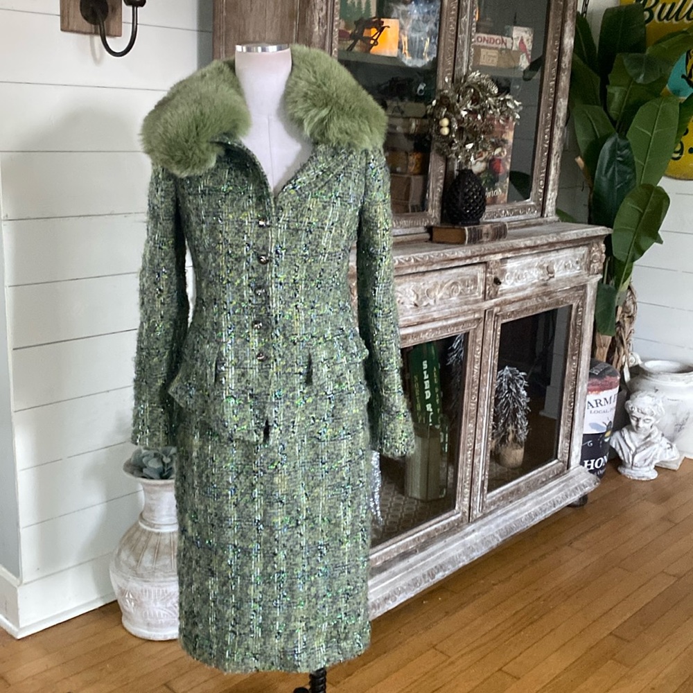 RICKIE FREEMAN FOR TERI JON TWEED SKIRT BLAZER SUIT FAUX FUR 6 NEW TWO PIECE